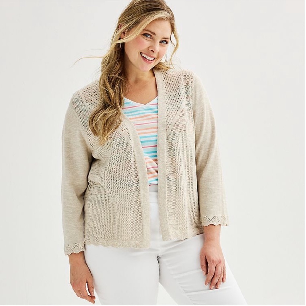 Croft and Barrow Open Front Pointelle Cardigan Cream Tan Oat Camel Sz Medium